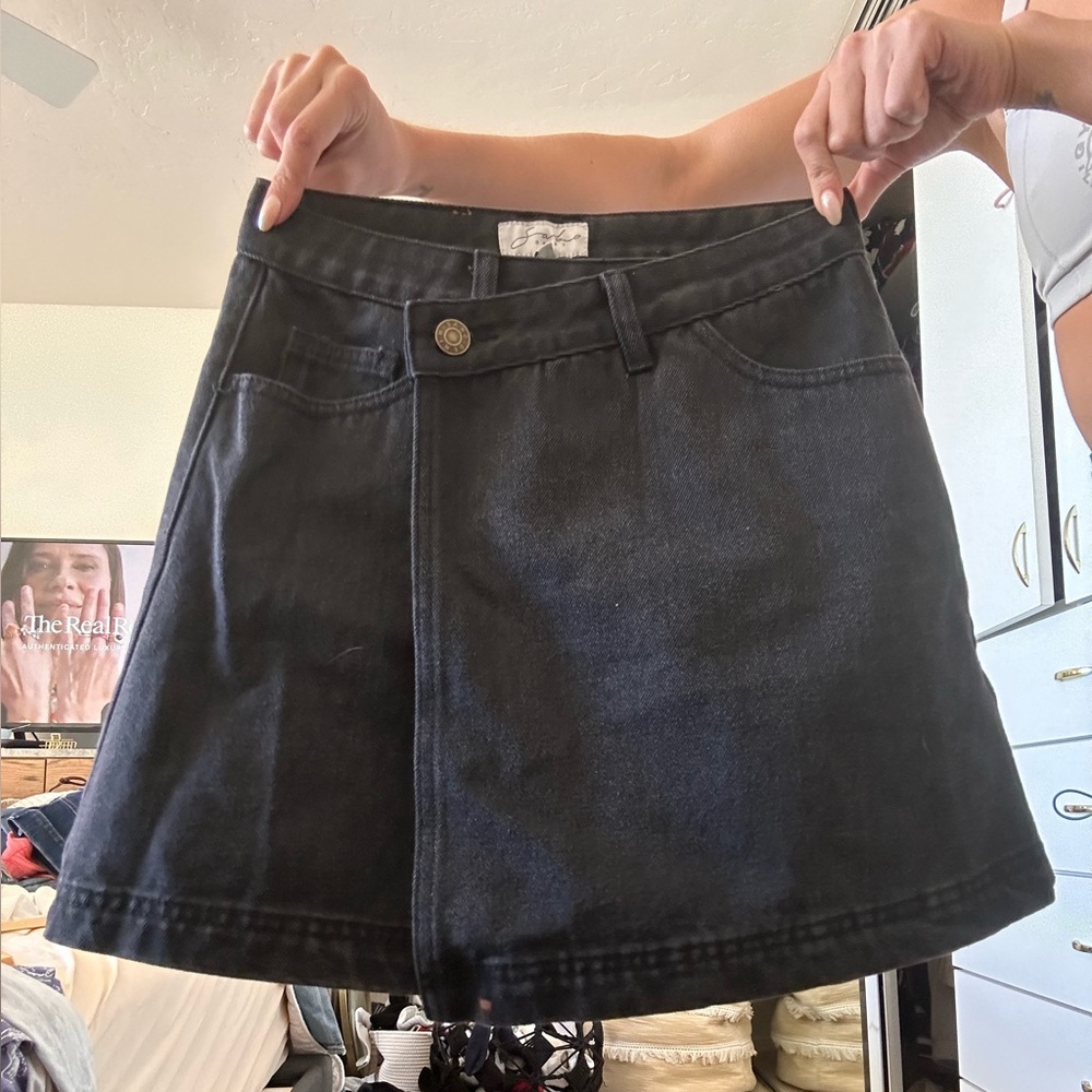 Black denim cross over skirt